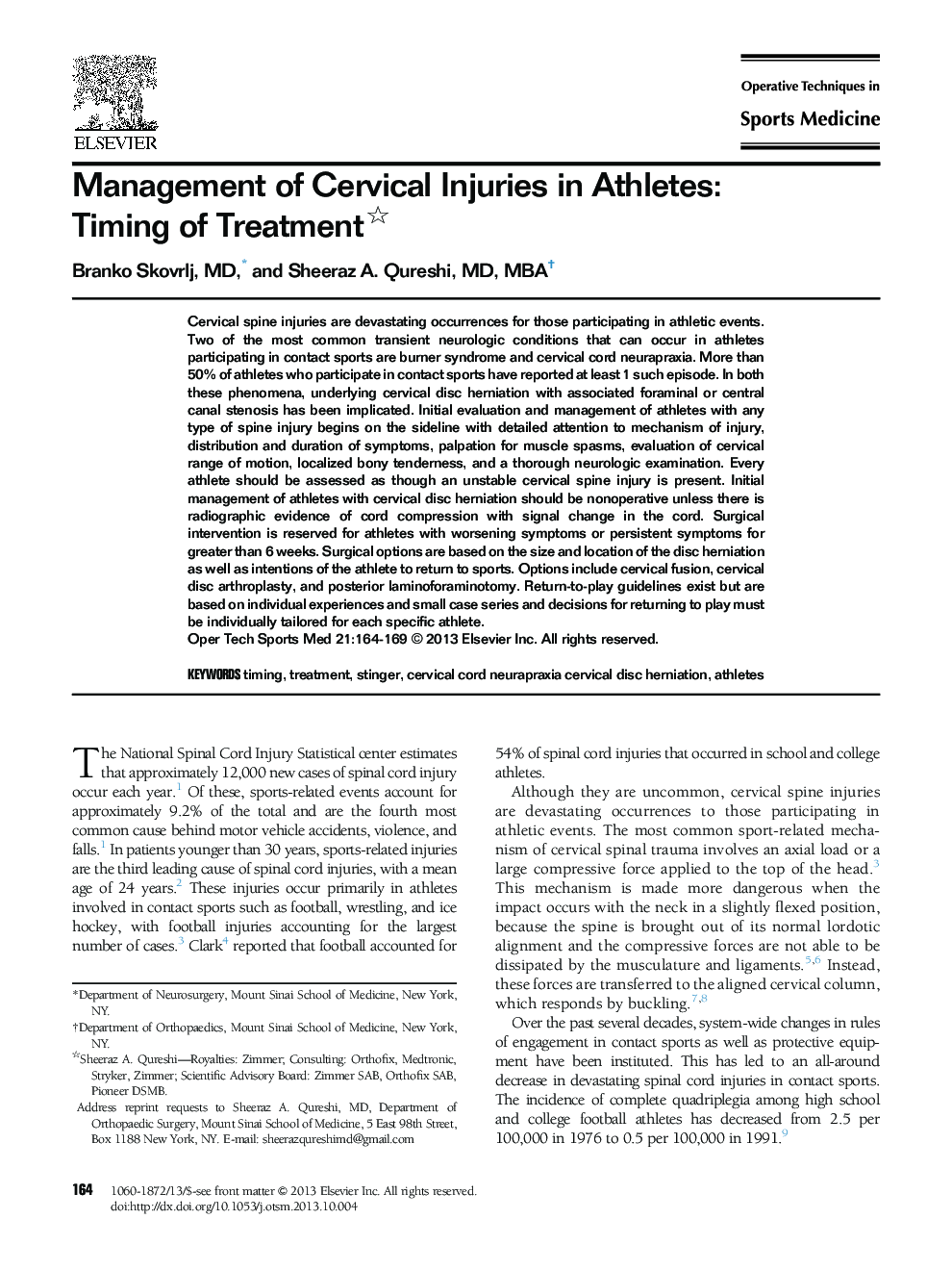 Management of Cervical Injuries in Athletes: Timing of Treatment 