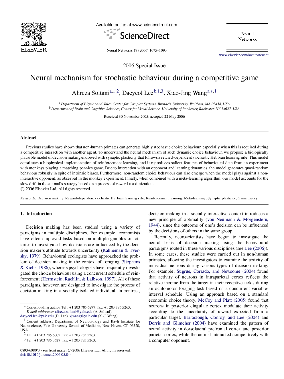 Neural mechanism for stochastic behaviour during a competitive game