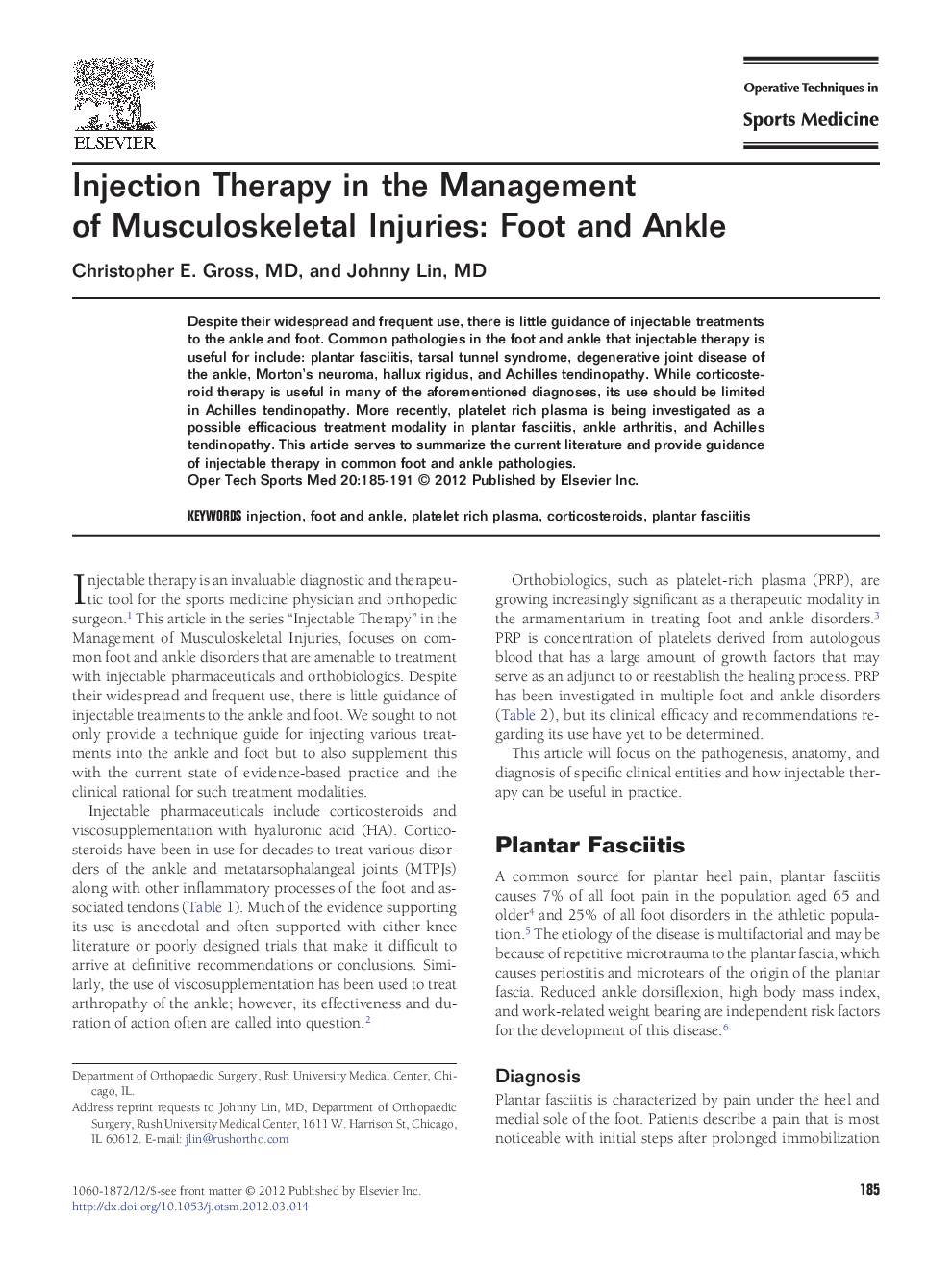 Injection Therapy in the Management of Musculoskeletal Injuries: Foot and Ankle