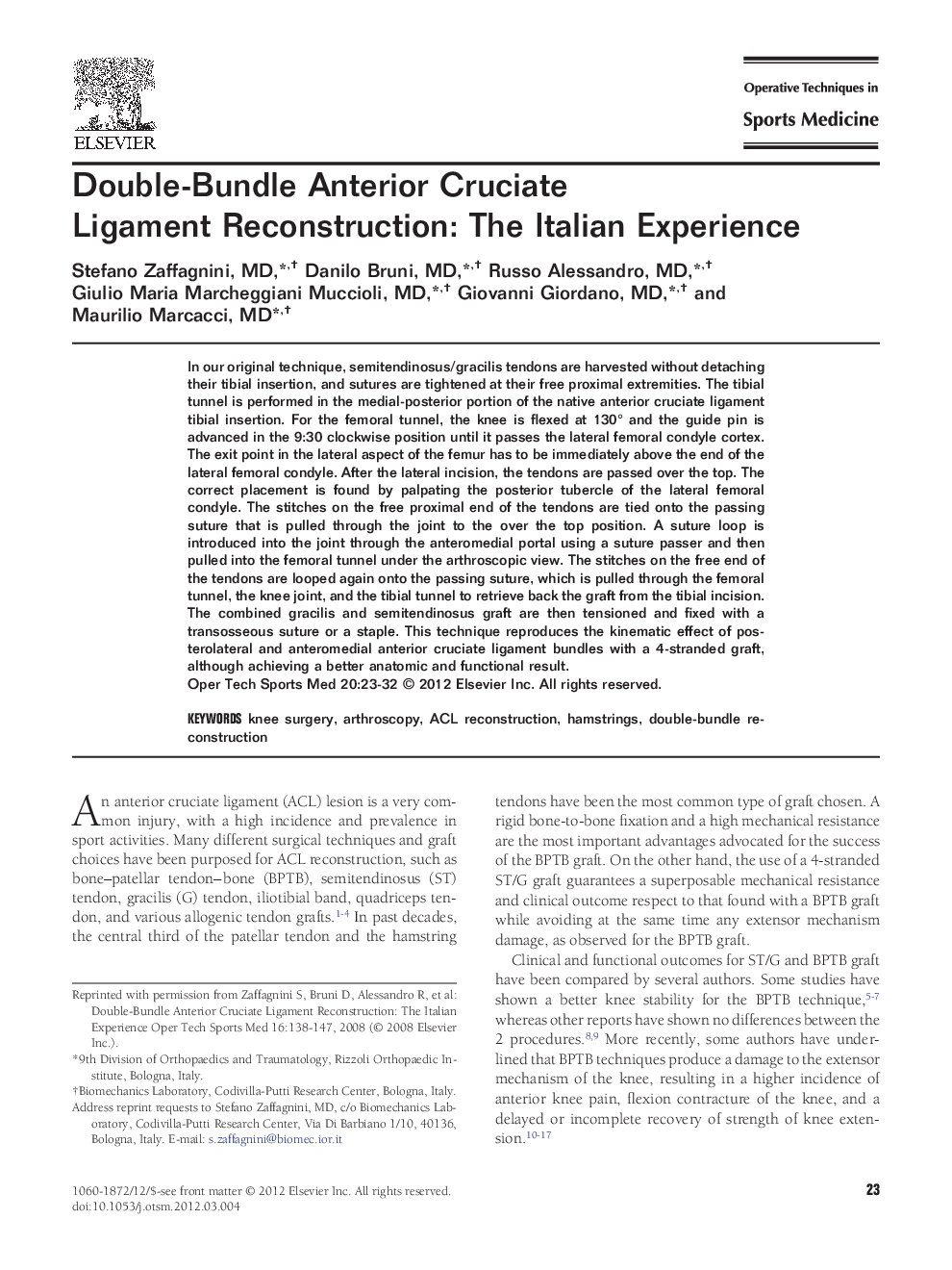 Double-Bundle Anterior Cruciate Ligament Reconstruction: The Italian Experience 