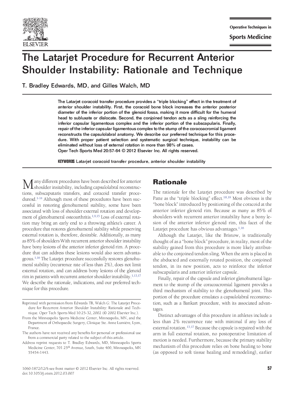 The Latarjet Procedure for Recurrent Anterior Shoulder Instability: Rationale and Technique 