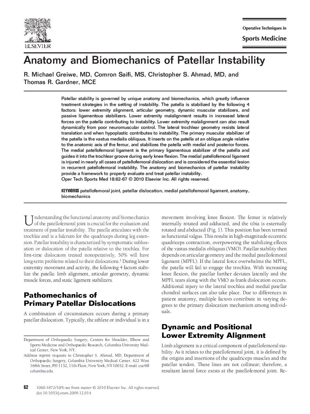 Anatomy and Biomechanics of Patellar Instability