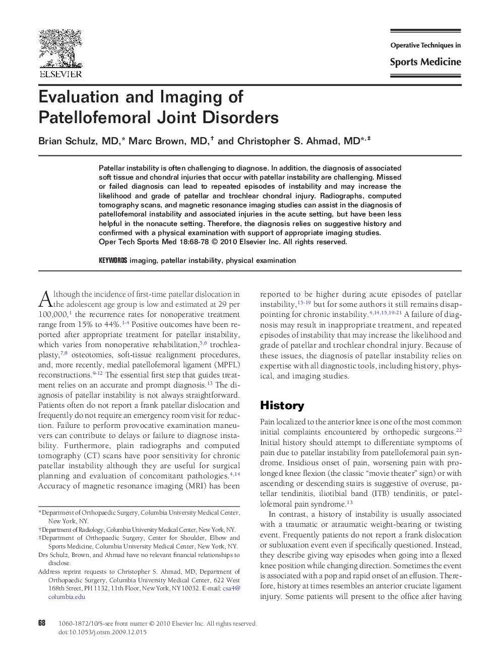 Evaluation and Imaging of Patellofemoral Joint Disorders 