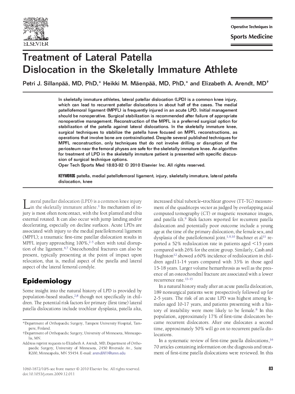 Treatment of Lateral Patella Dislocation in the Skeletally Immature Athlete