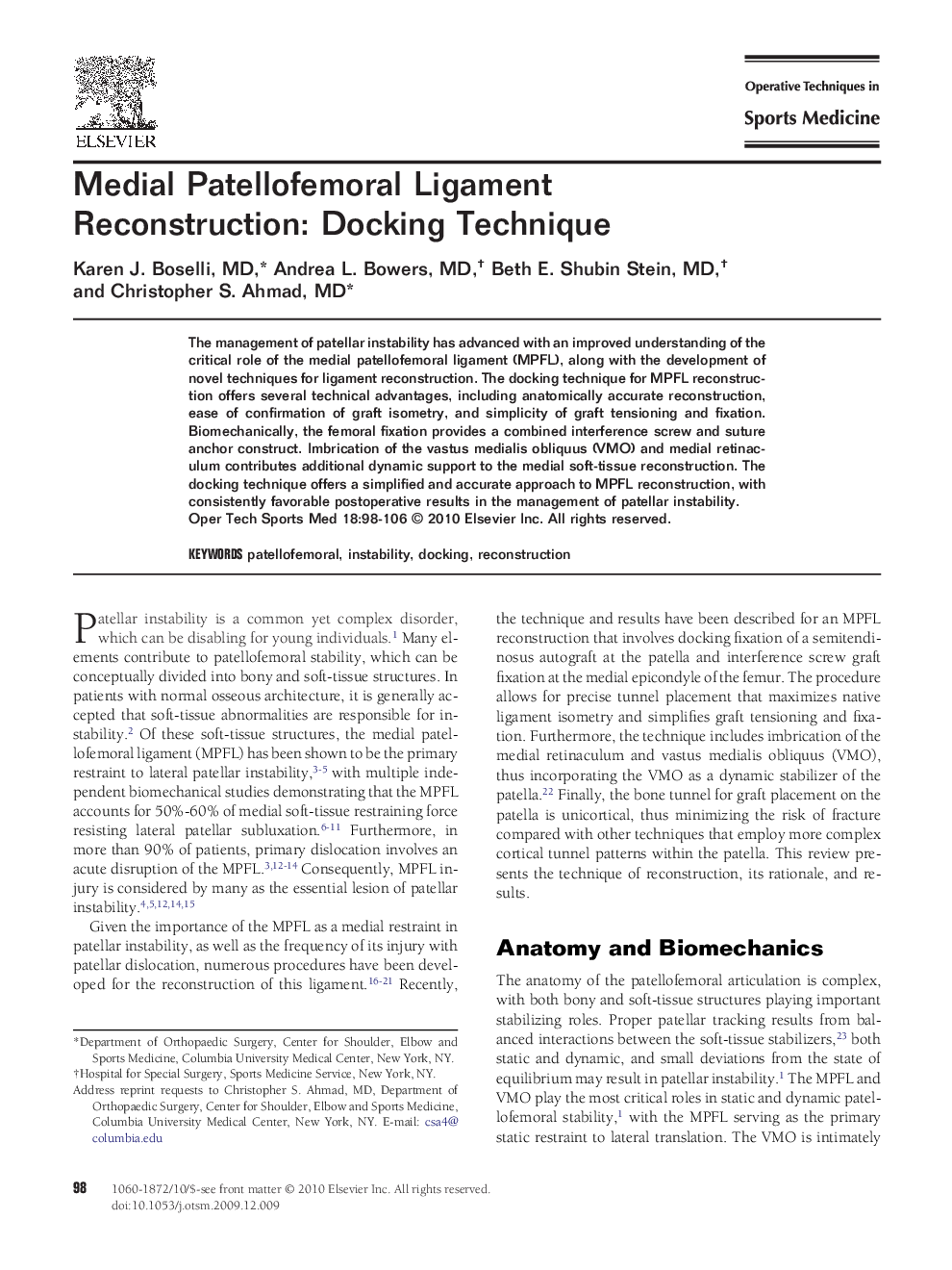 Medial Patellofemoral Ligament Reconstruction: Docking Technique