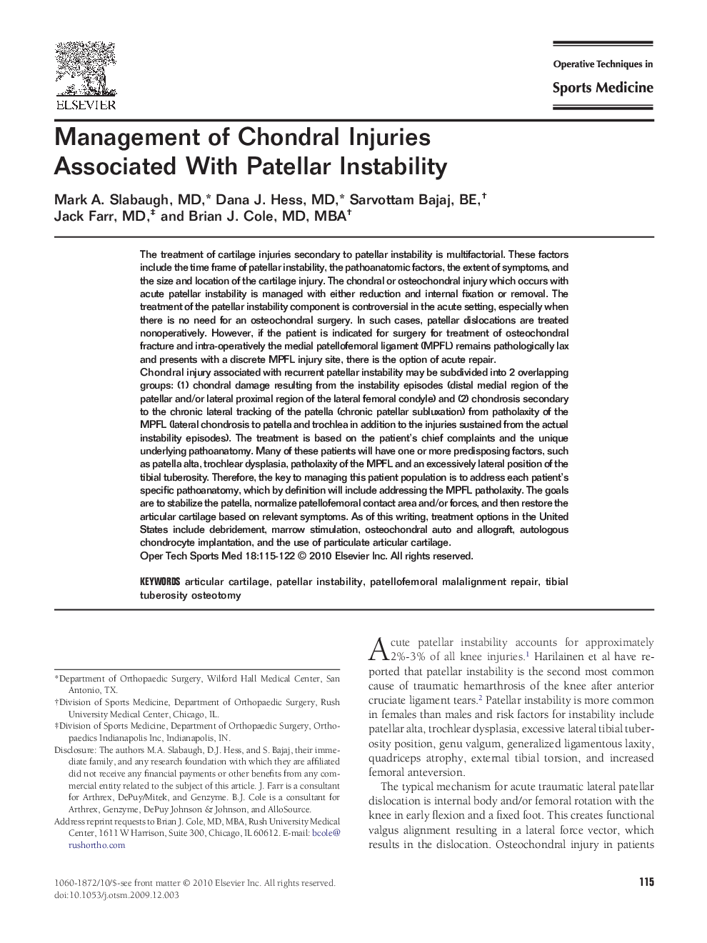 Management of Chondral Injuries Associated With Patellar Instability 