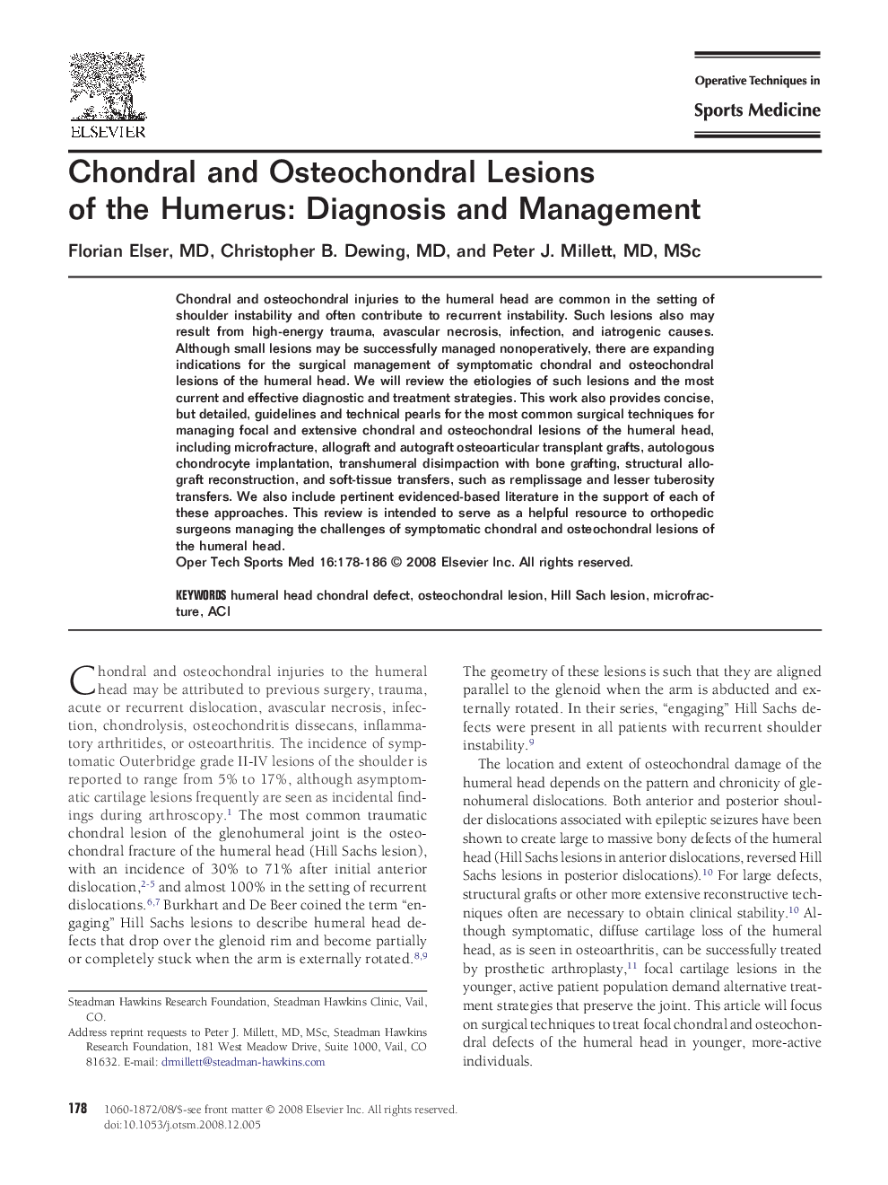 Chondral and Osteochondral Lesions of the Humerus: Diagnosis and Management