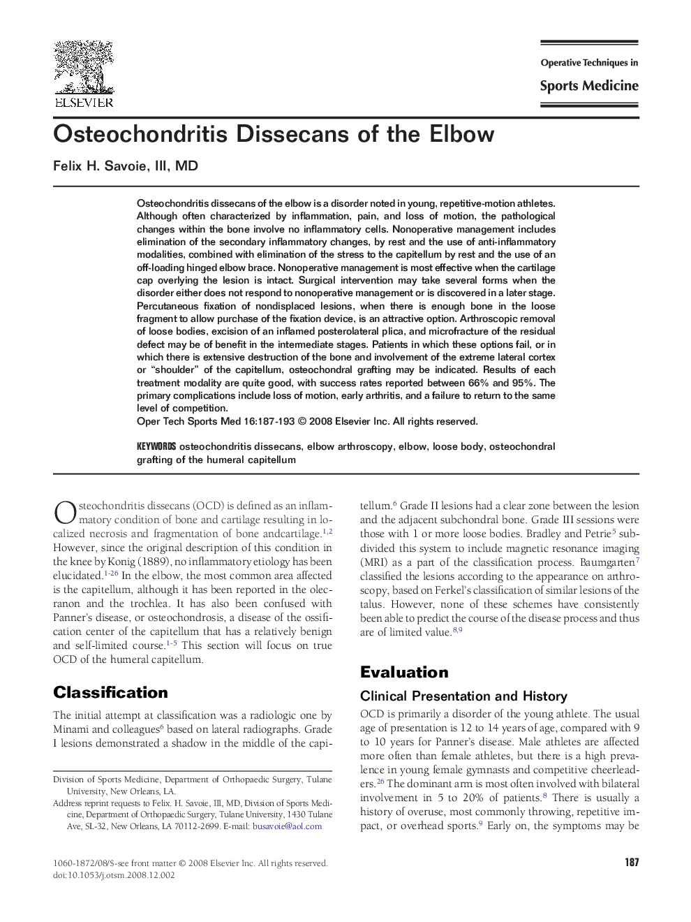 Osteochondritis Dissecans of the Elbow