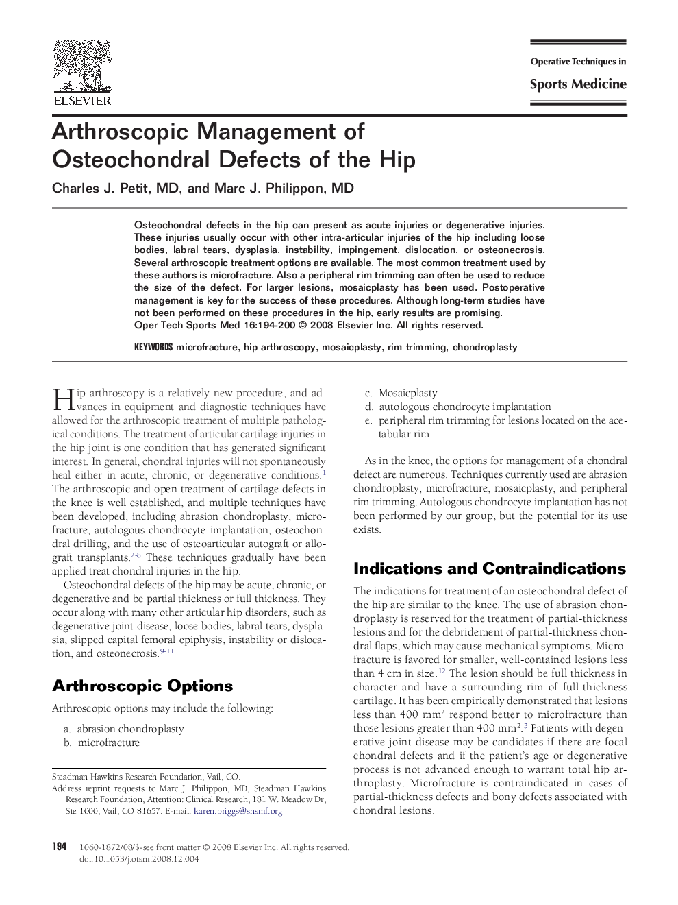 Arthroscopic Management of Osteochondral Defects of the Hip