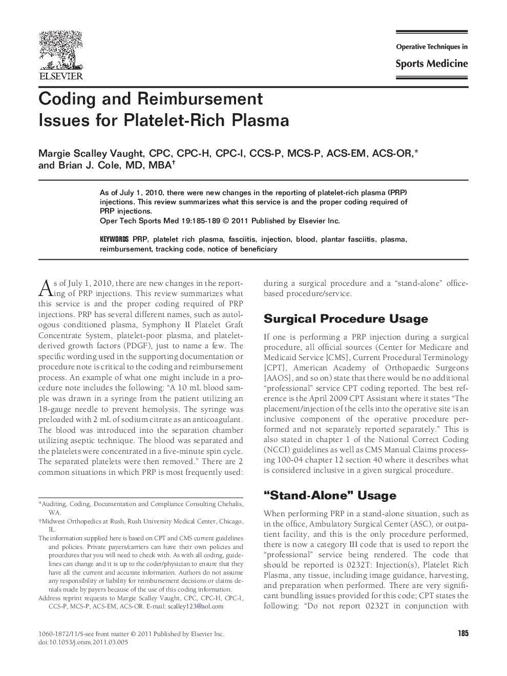 Coding and Reimbursement Issues for Platelet-Rich Plasma 