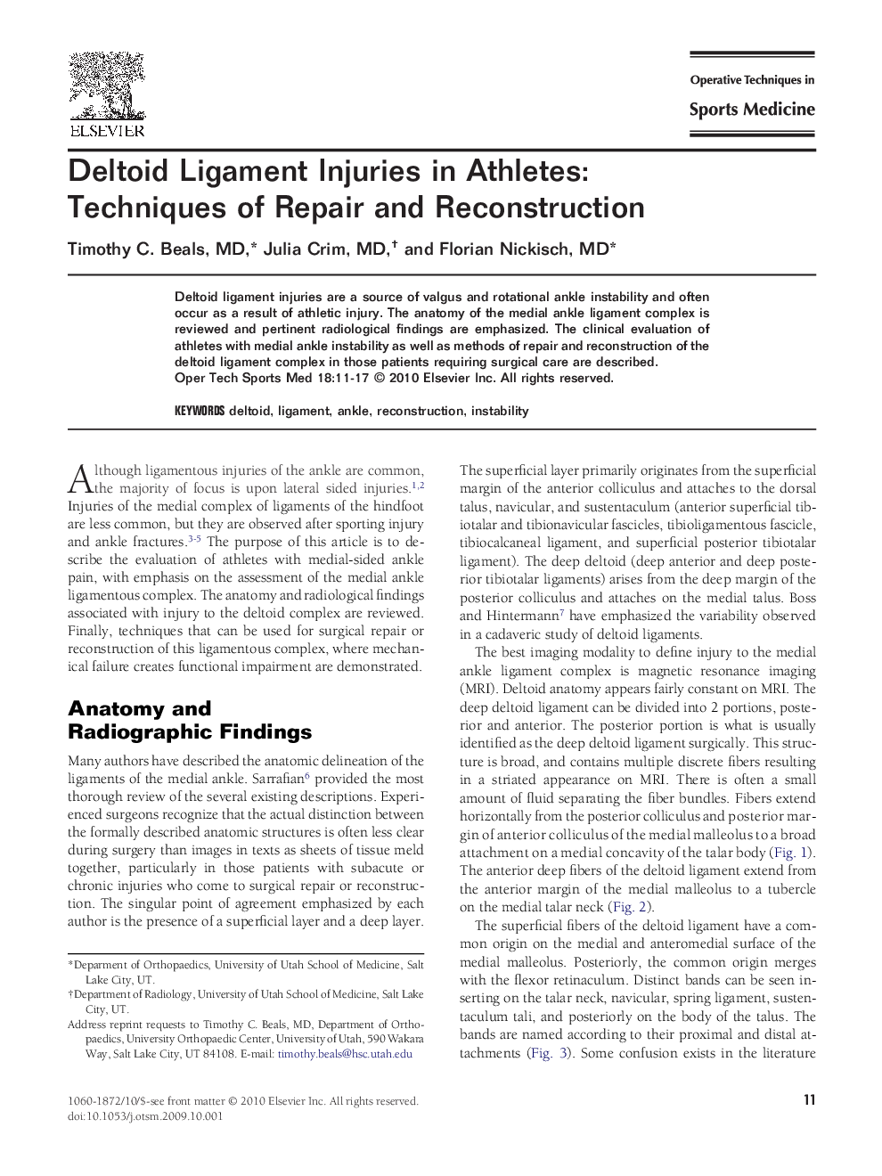 Deltoid Ligament Injuries in Athletes: Techniques of Repair and Reconstruction