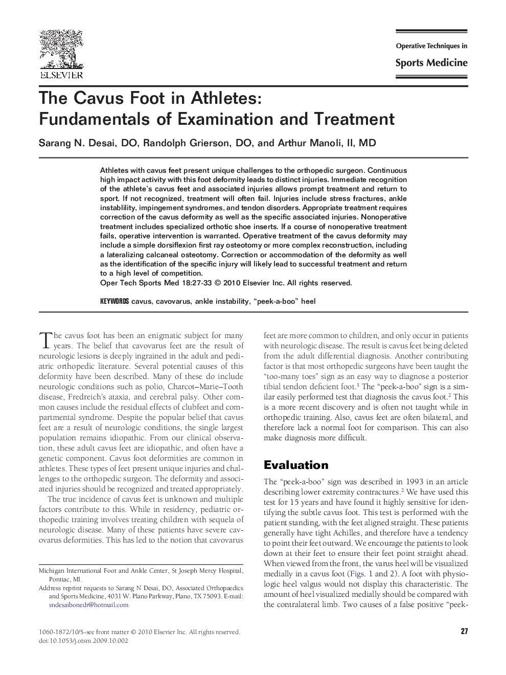 The Cavus Foot in Athletes: Fundamentals of Examination and Treatment