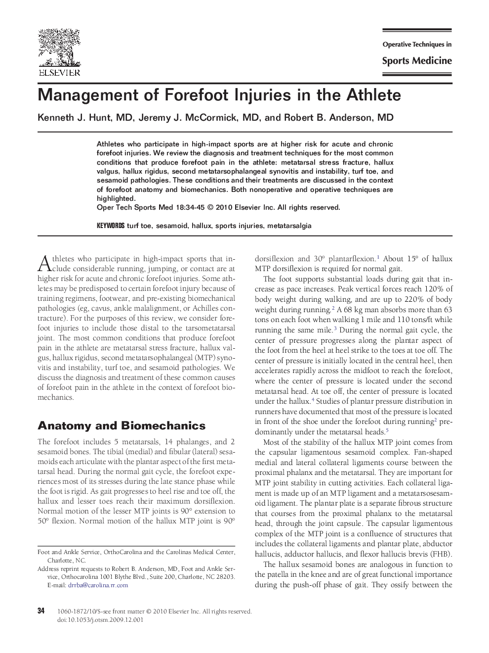 Management of Forefoot Injuries in the Athlete