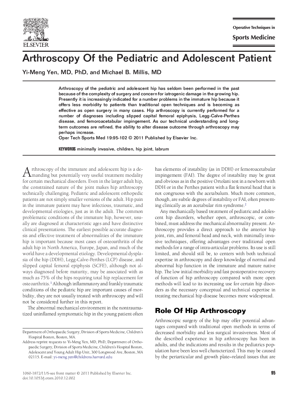 Arthroscopy Of the Pediatric and Adolescent Patient