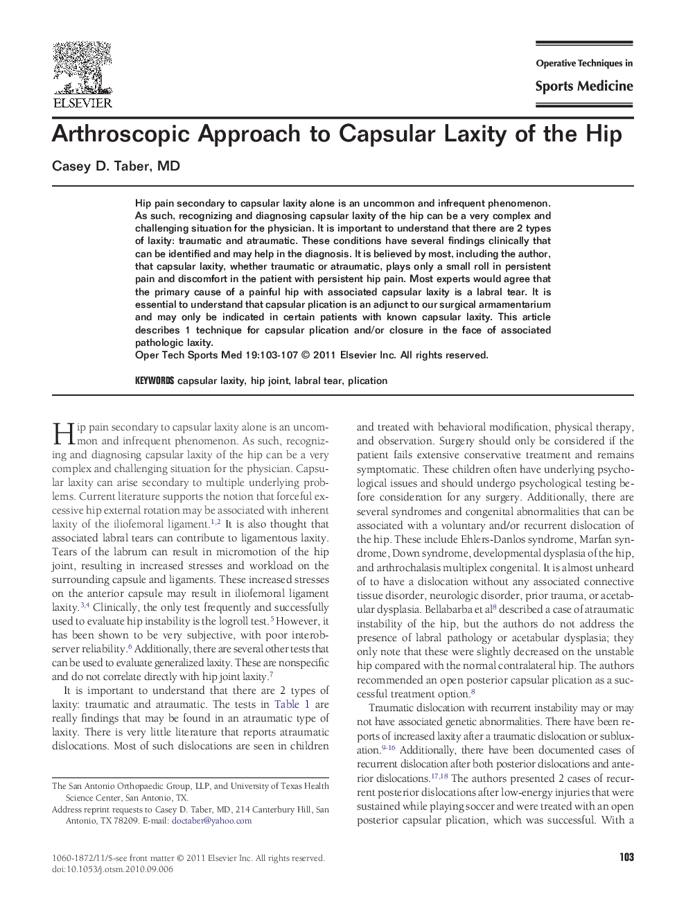 Arthroscopic Approach to Capsular Laxity of the Hip