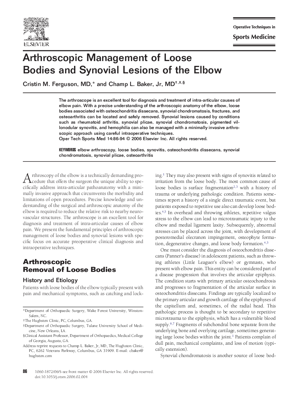 Arthroscopic Management of Loose Bodies and Synovial Lesions of the Elbow