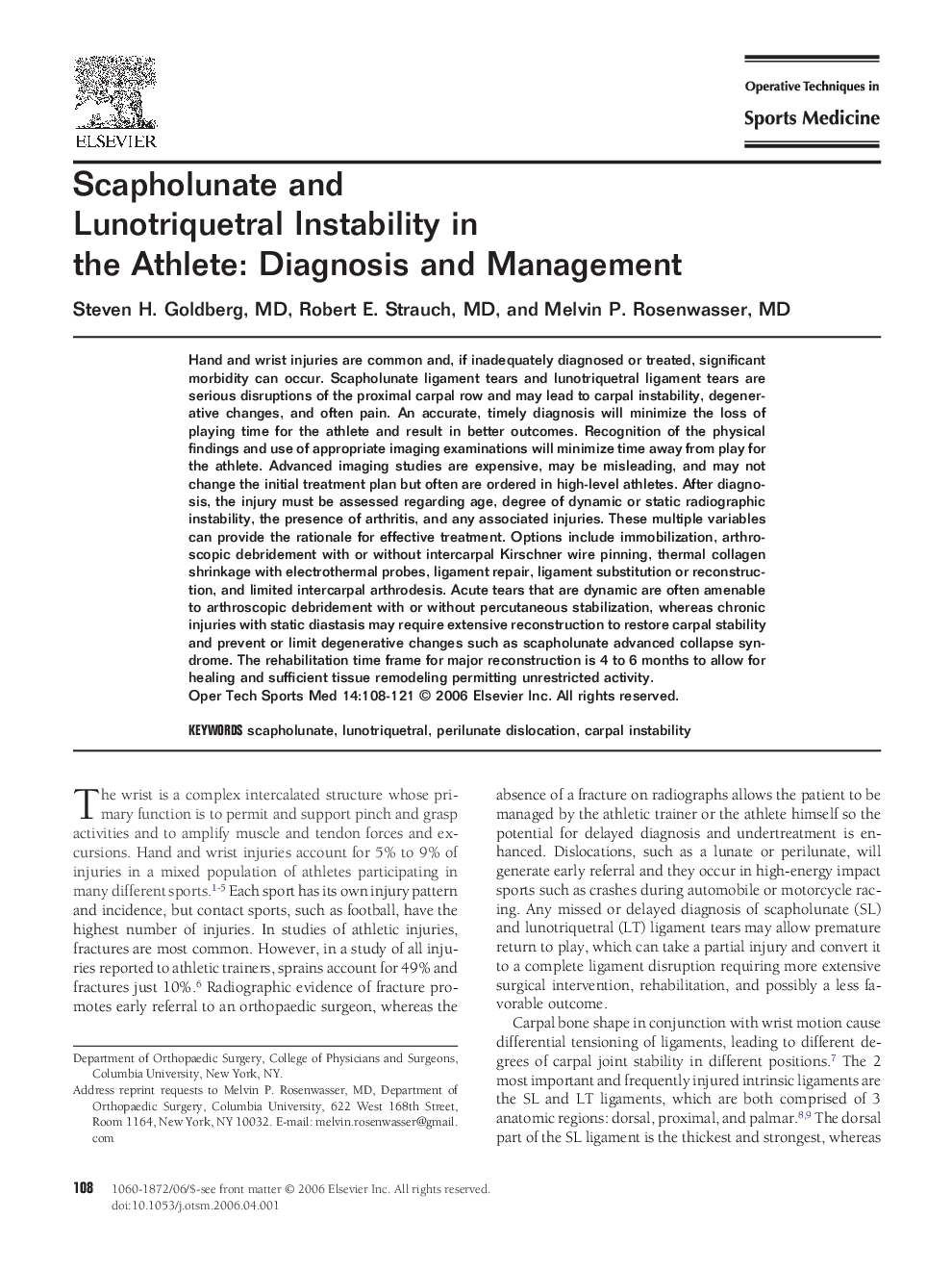 Scapholunate and Lunotriquetral Instability in the Athlete: Diagnosis and Management