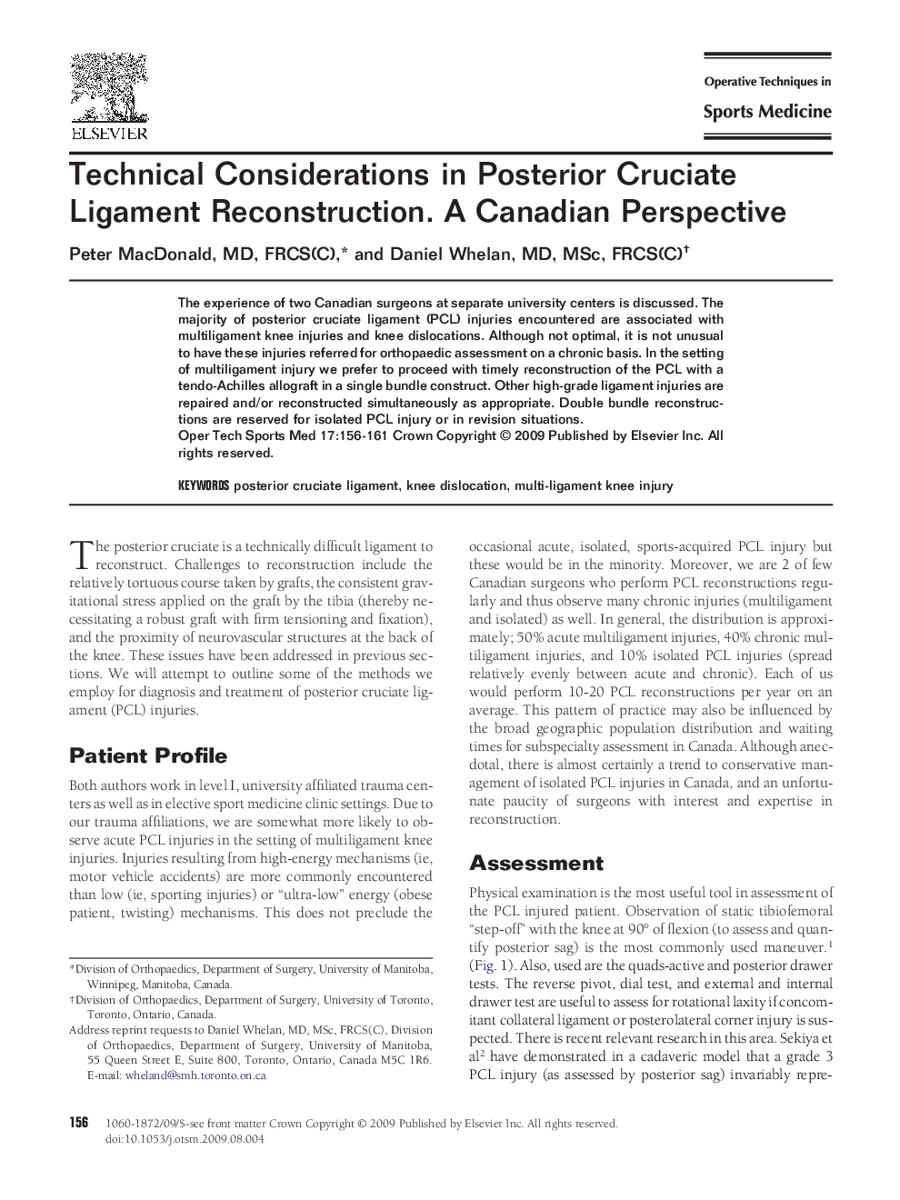 Technical Considerations in Posterior Cruciate Ligament Reconstruction. A Canadian Perspective