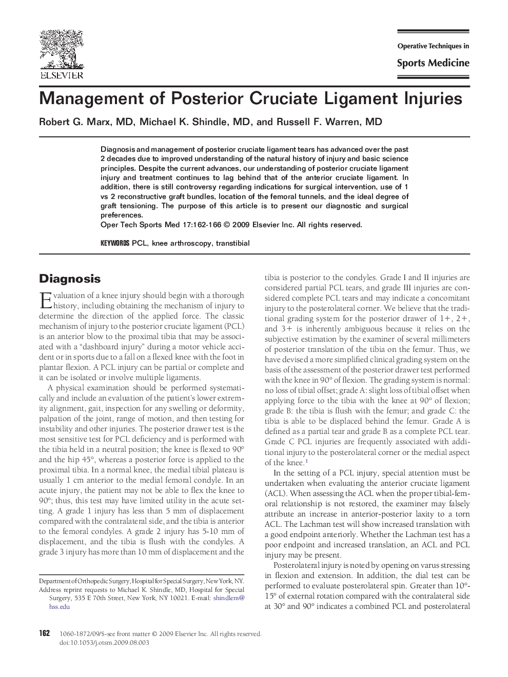 Management of Posterior Cruciate Ligament Injuries