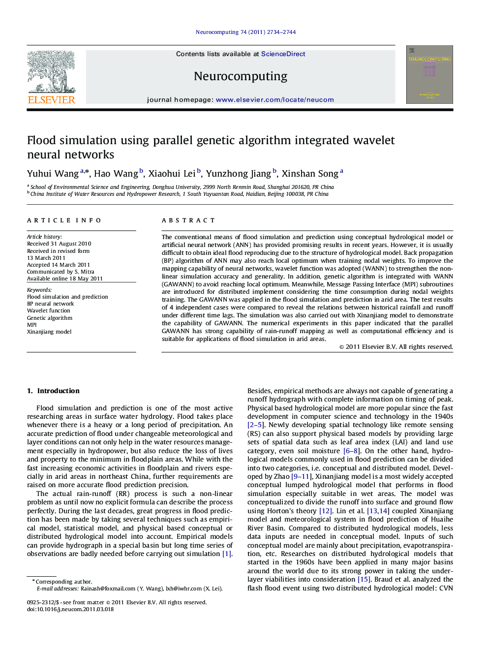 Flood simulation using parallel genetic algorithm integrated wavelet neural networks