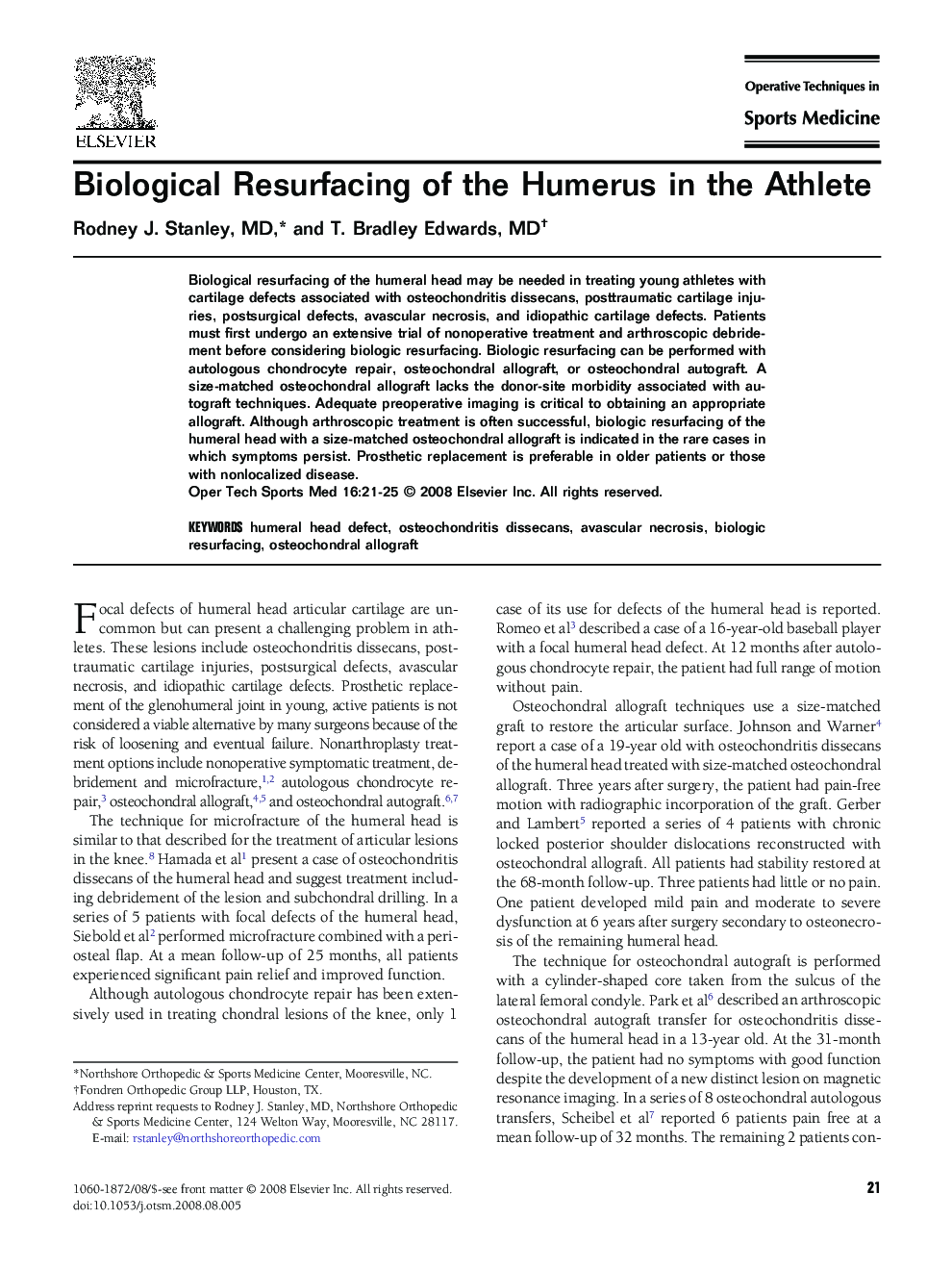 Biological Resurfacing of the Humerus in the Athlete