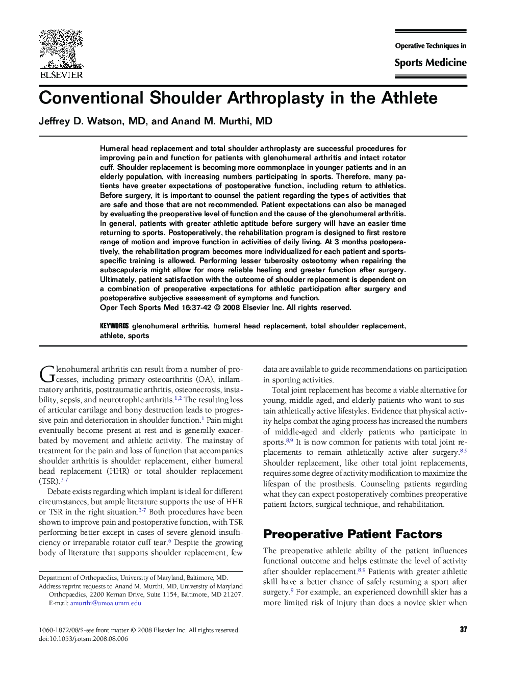 Conventional Shoulder Arthroplasty in the Athlete