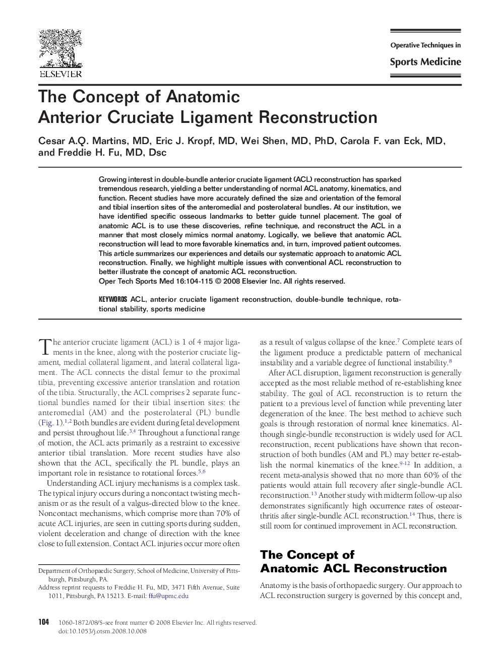 The Concept of Anatomic Anterior Cruciate Ligament Reconstruction