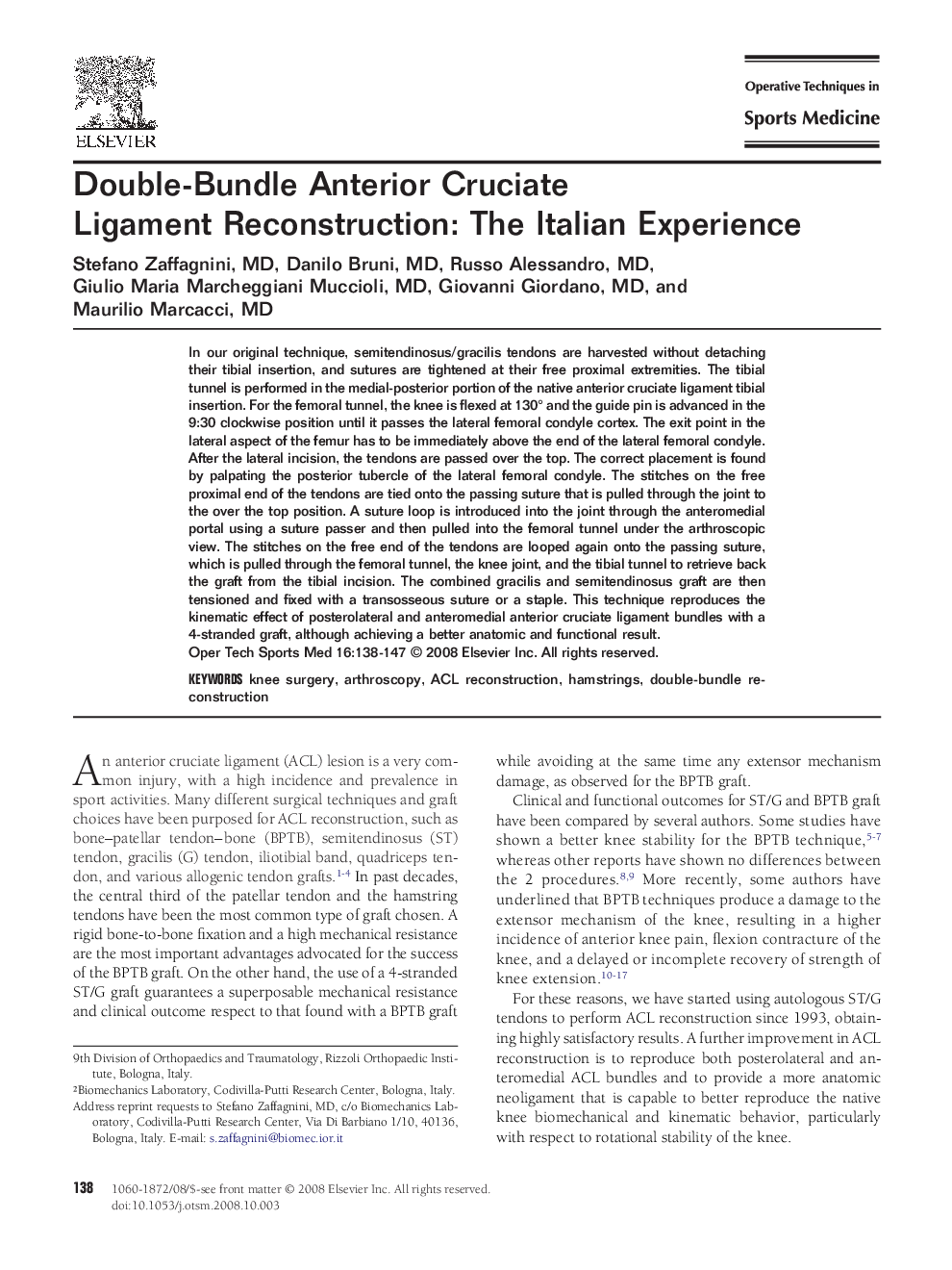 Double-Bundle Anterior Cruciate Ligament Reconstruction: The Italian Experience