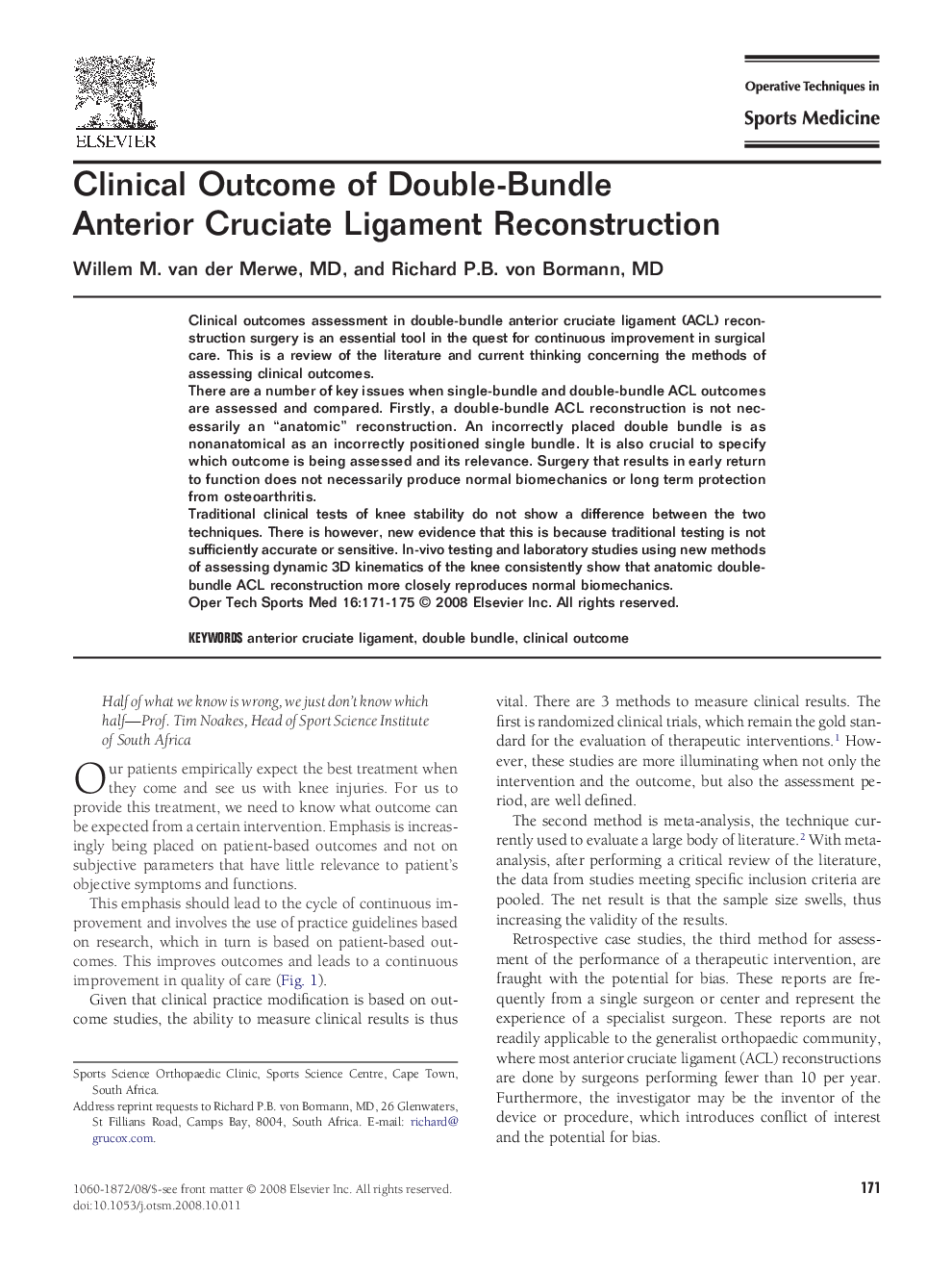 Clinical Outcome of Double-Bundle Anterior Cruciate Ligament Reconstruction