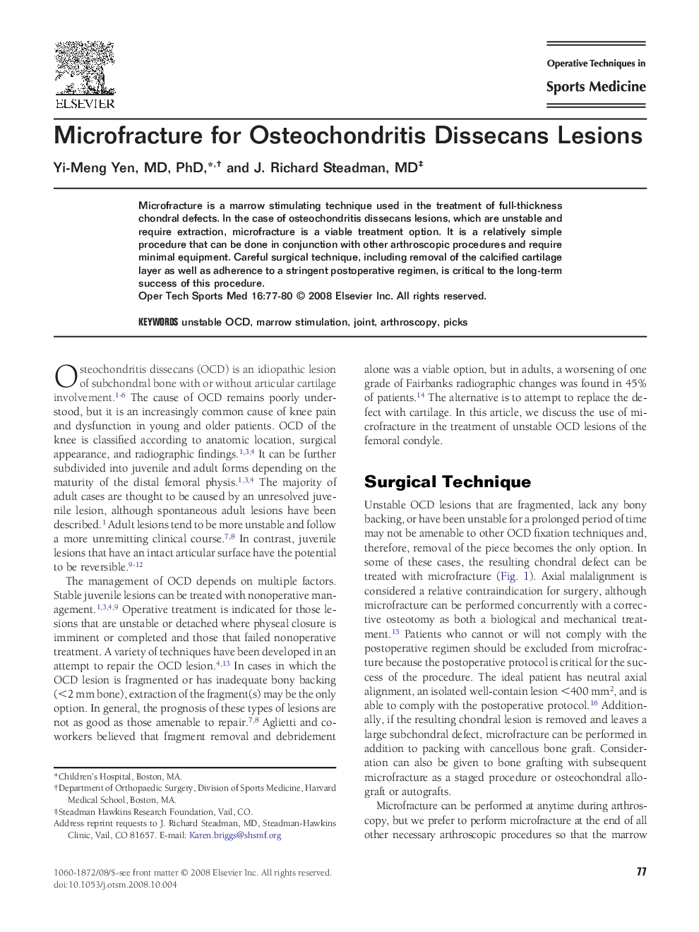 Microfracture for Osteochondritis Dissecans Lesions