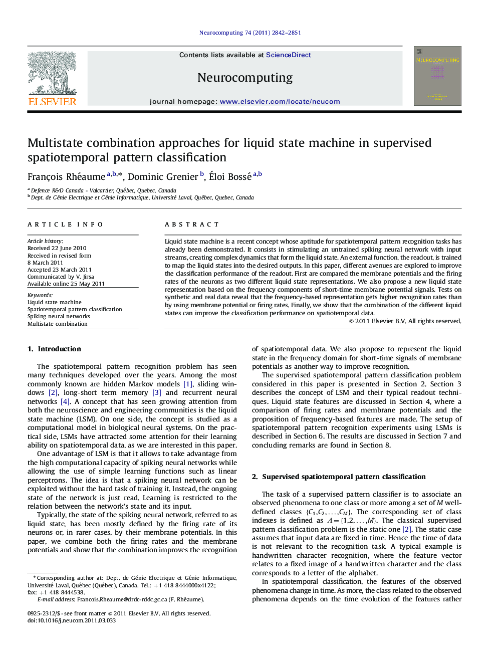 Multistate combination approaches for liquid state machine in supervised spatiotemporal pattern classification