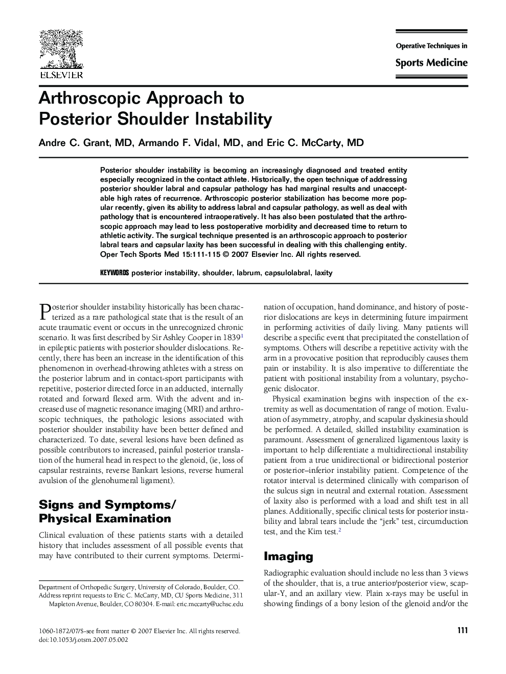 Arthroscopic Approach to Posterior Shoulder Instability