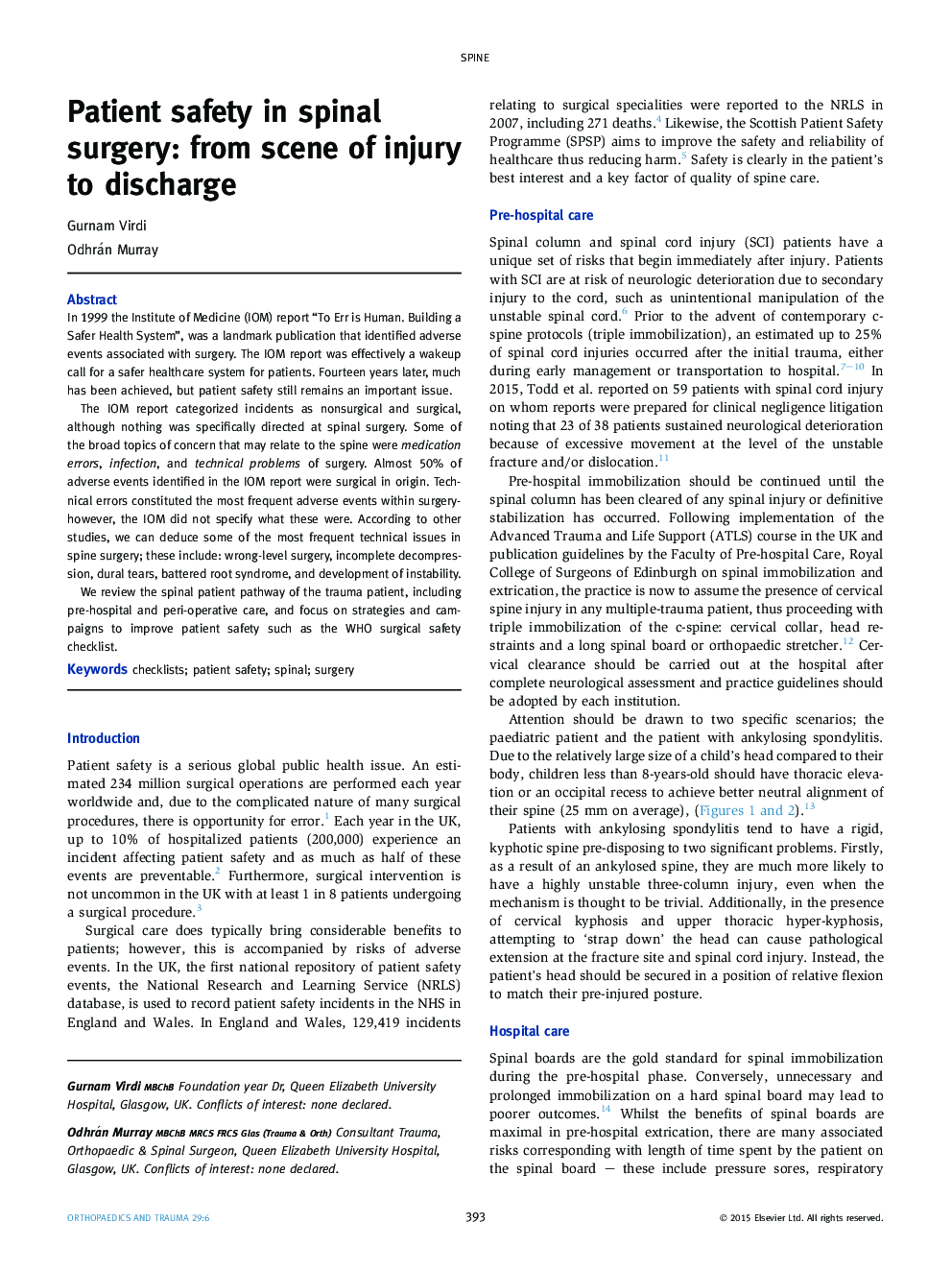Patient safety in spinal surgery: from scene of injury to discharge