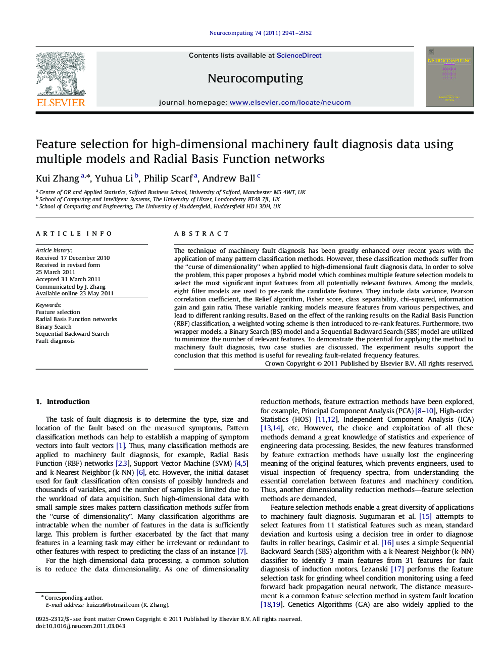 Feature selection for high-dimensional machinery fault diagnosis data using multiple models and Radial Basis Function networks