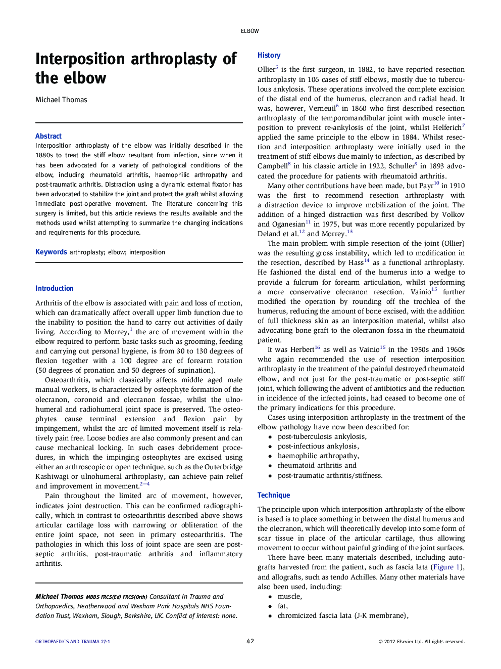 Interposition arthroplasty of the elbow