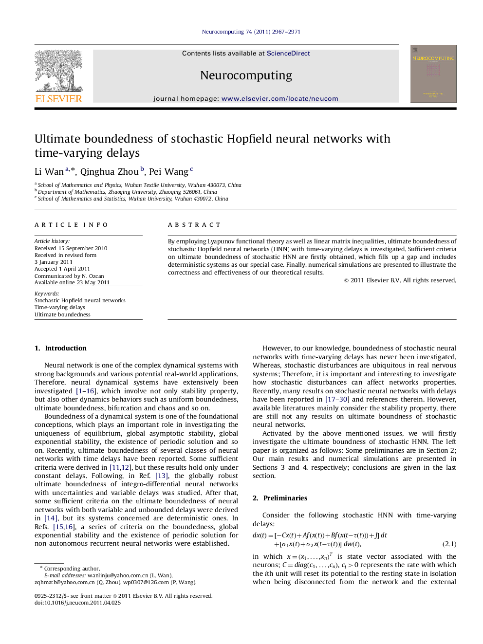 Ultimate boundedness of stochastic Hopfield neural networks with time-varying delays