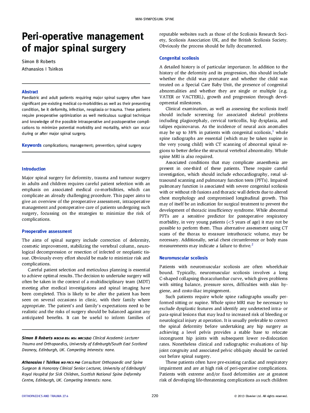 Peri-operative management of major spinal surgery