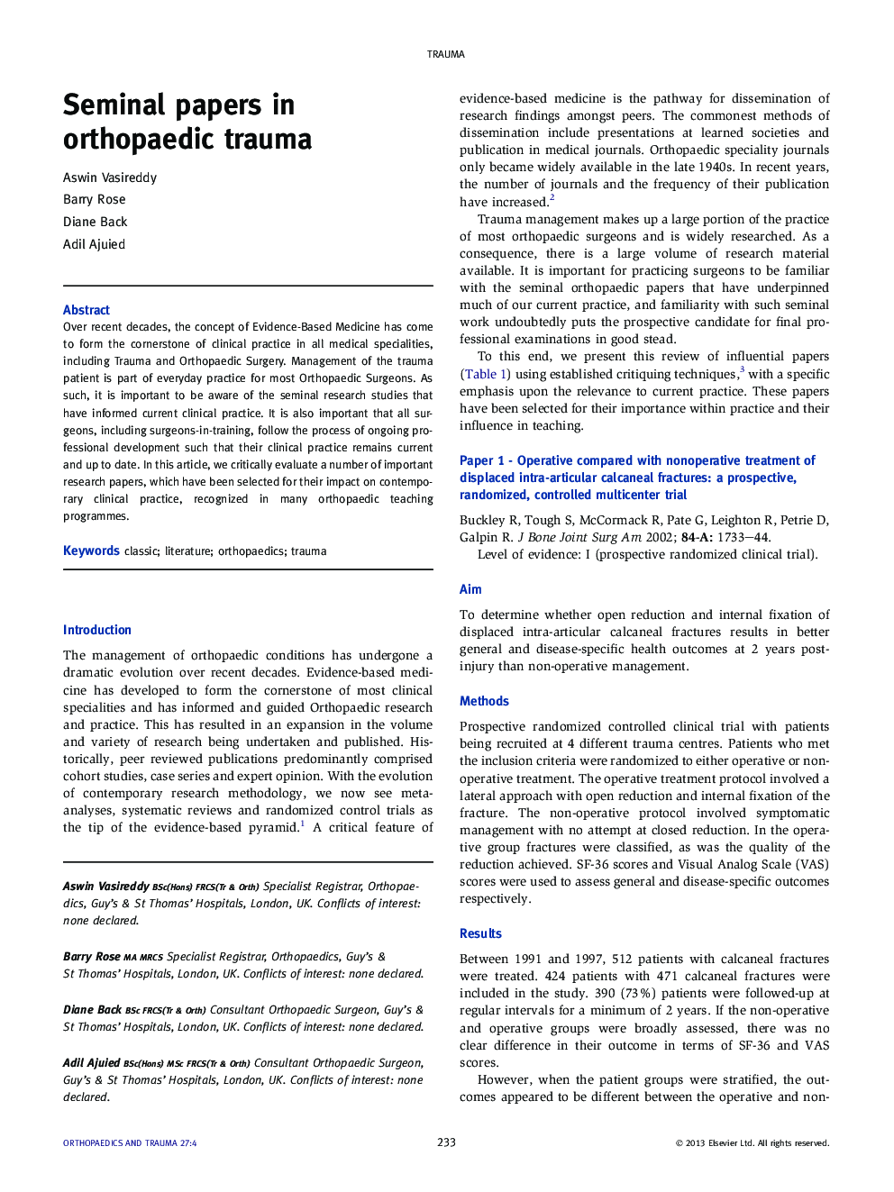 Seminal papers in orthopaedic trauma