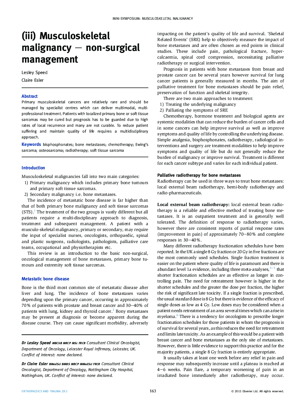 (iii) Musculoskeletal malignancy – non-surgical management