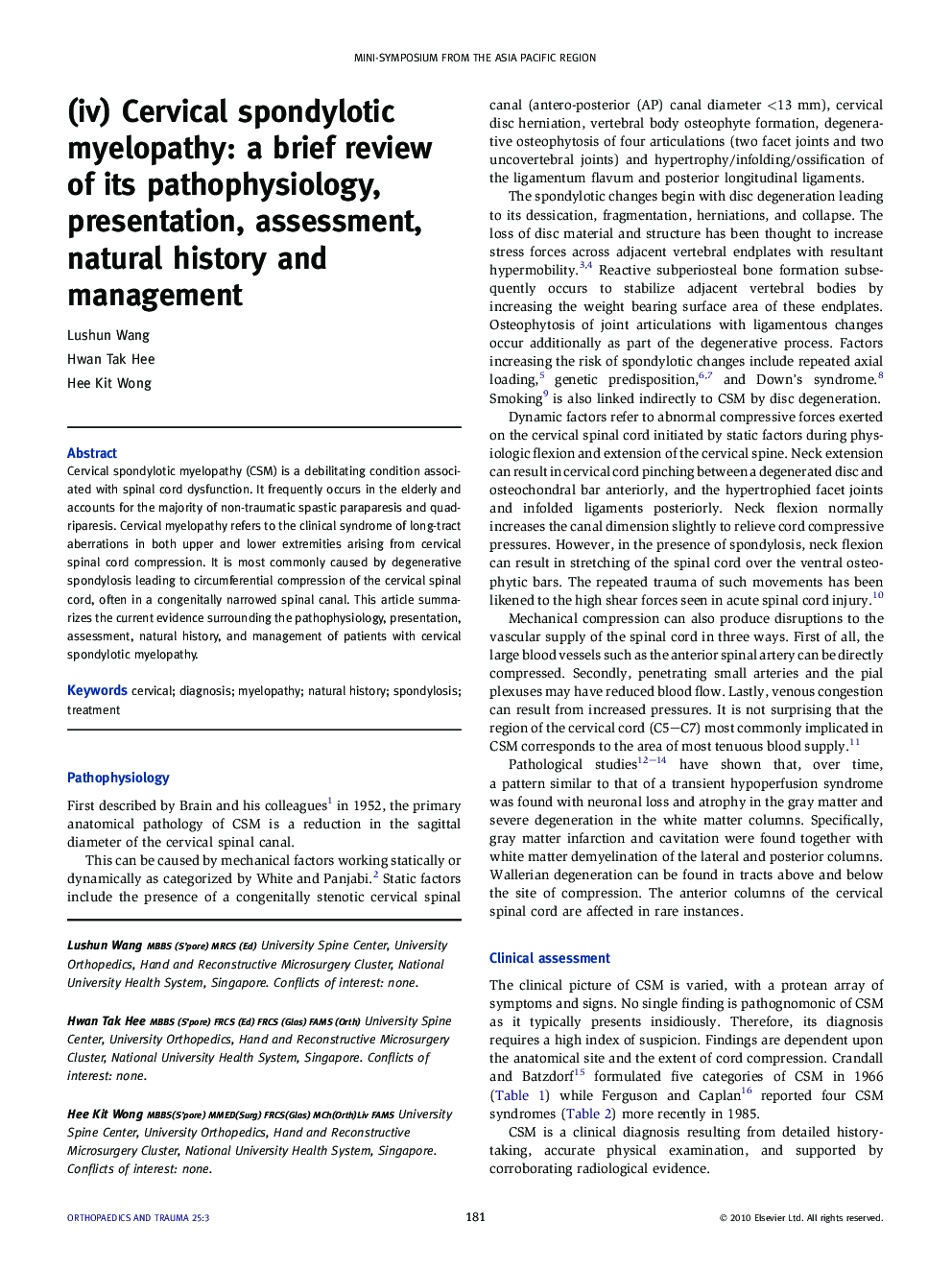 (iv) Cervical spondylotic myelopathy: a brief review of its pathophysiology, presentation, assessment, natural history and management