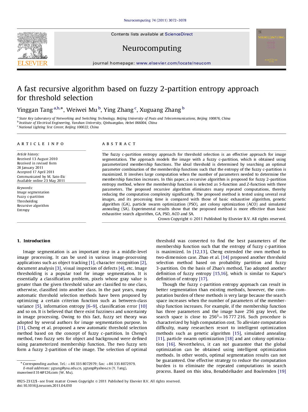 A fast recursive algorithm based on fuzzy 2-partition entropy approach for threshold selection