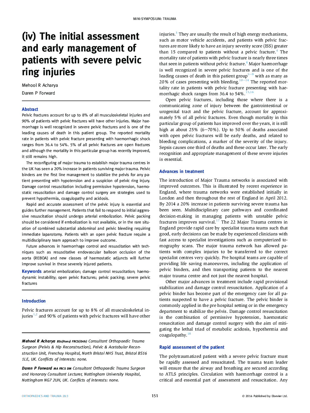 (iv) The initial assessment and early management of patients with severe pelvic ring injuries