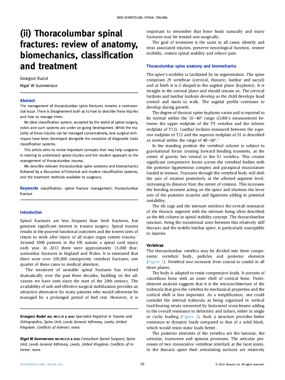 (ii) Thoracolumbar spinal fractures: review of anatomy, biomechanics, classification and treatment