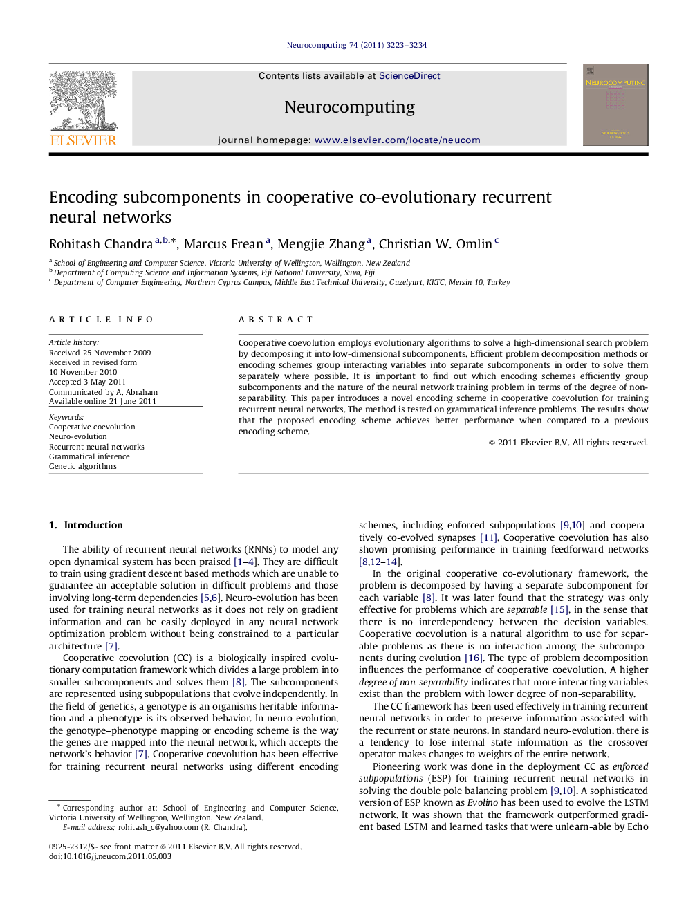 Encoding subcomponents in cooperative co-evolutionary recurrent neural networks