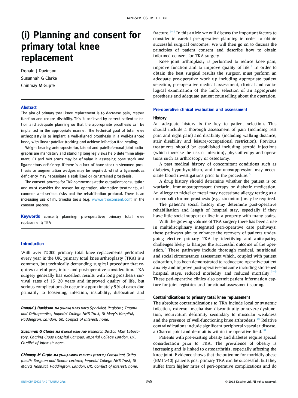 (i) Planning and consent for primary total knee replacement