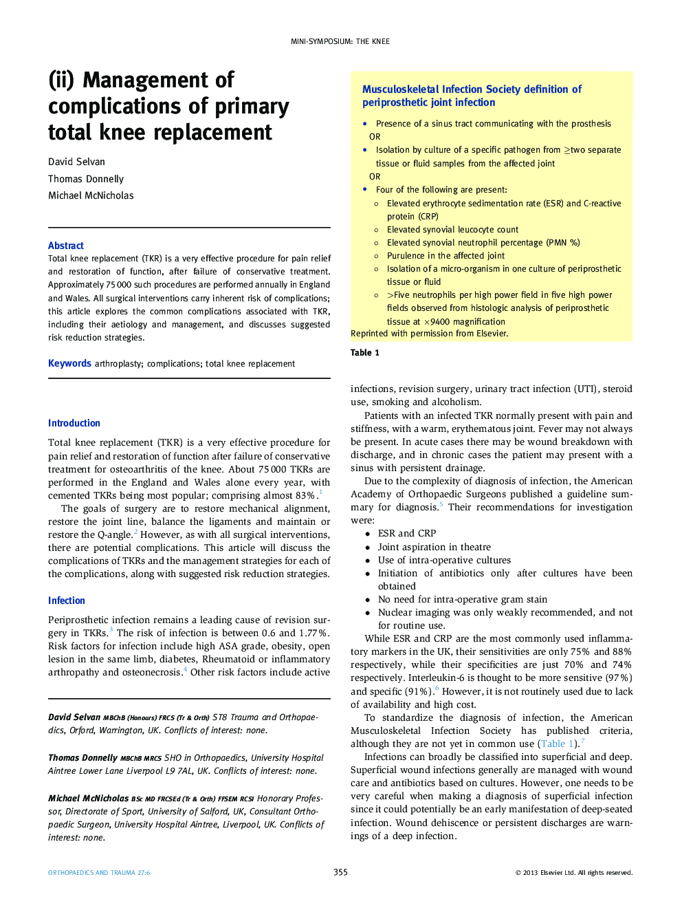 (ii) Management of complications of primary total knee replacement