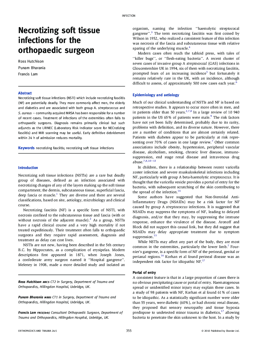 Necrotizing soft tissue infections for the orthopaedic surgeon