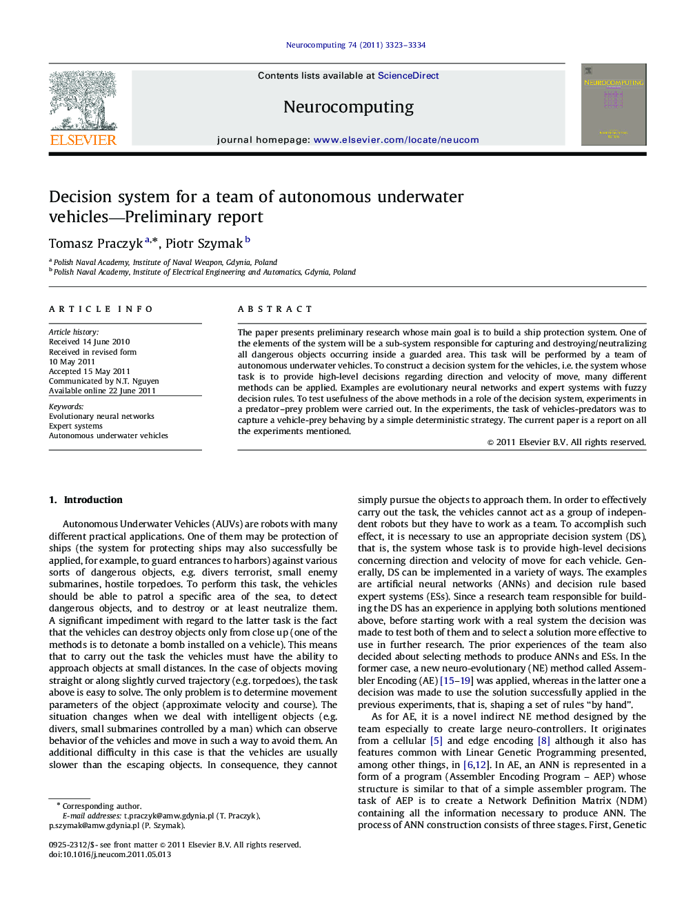 Decision system for a team of autonomous underwater vehicles—Preliminary report