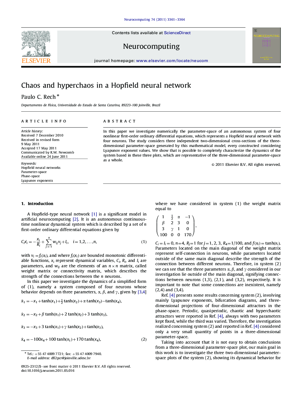 Chaos and hyperchaos in a Hopfield neural network