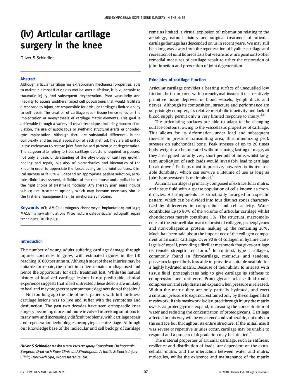 (iv) Articular cartilage surgery in the knee